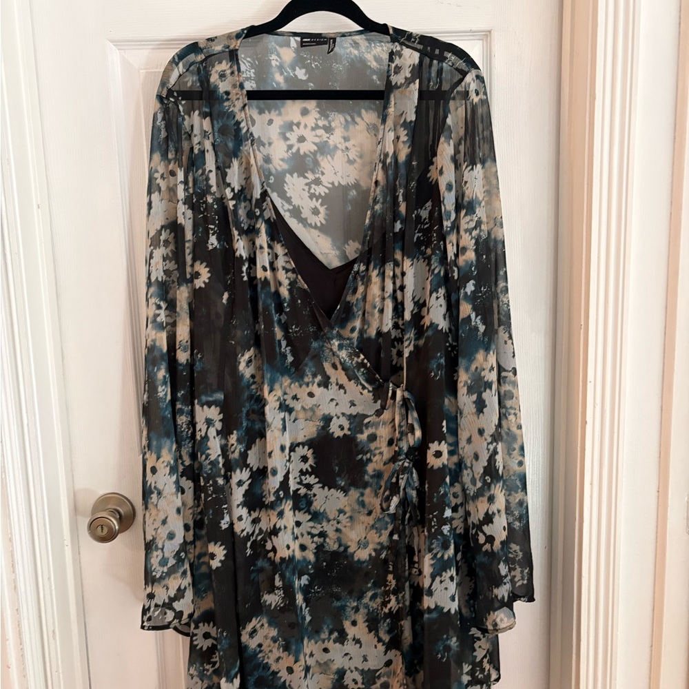 ASOS Curve Floral Wrap Dress in Teal, Black & Cream